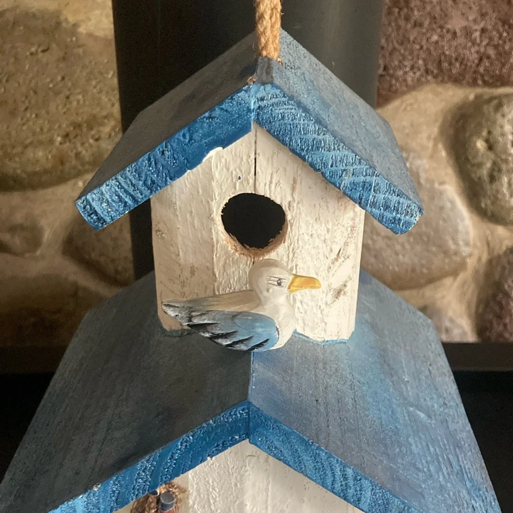 Blue and White Decorative Birdhouse with Seagull Decor